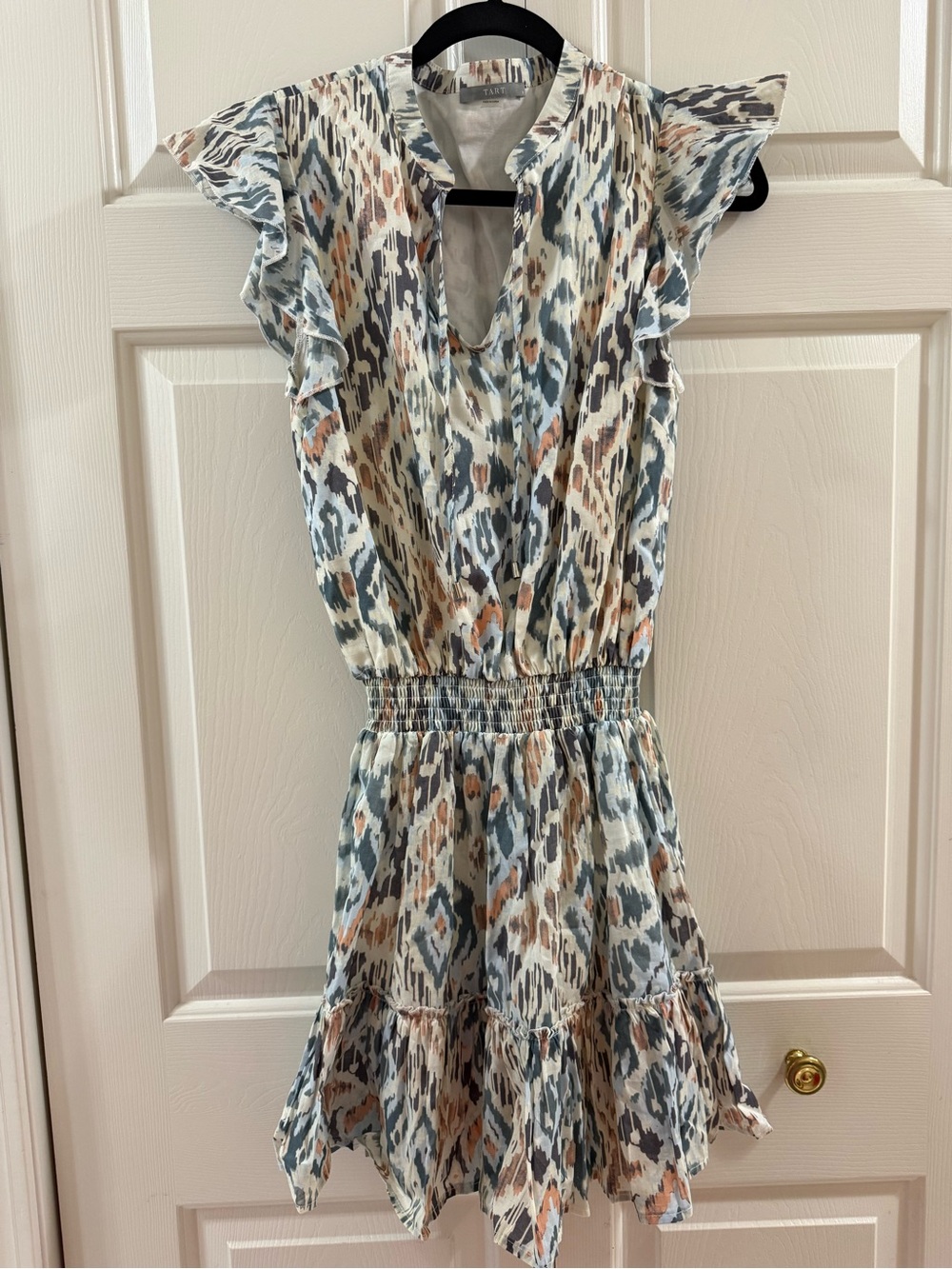 Tart Ezra Aztec Tribal Flutter Sleeve Smocked Mini Dress Boho Size S - Picture 3 of 11